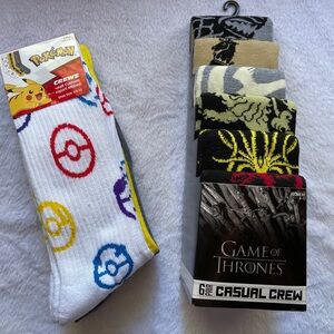 Lot of 9 Socks Pokémon and Game of Thrones crew socks
